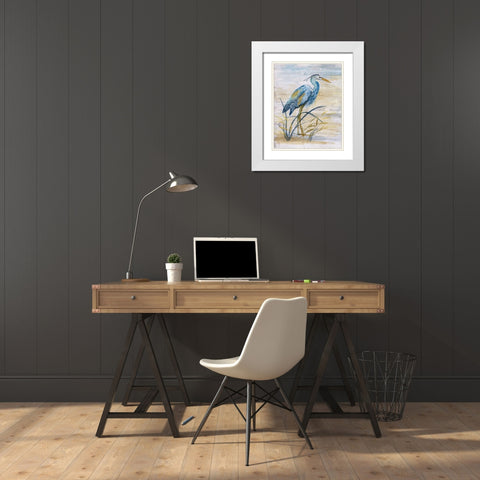 Blue Heron I White Modern Wood Framed Art Print with Double Matting by Nan