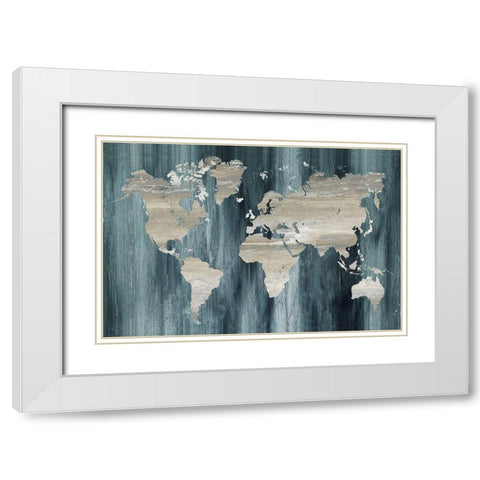 Navy World Map White Modern Wood Framed Art Print with Double Matting by Nan