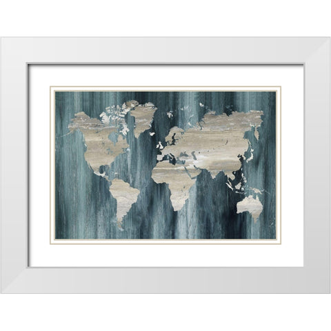 Navy World Map White Modern Wood Framed Art Print with Double Matting by Nan