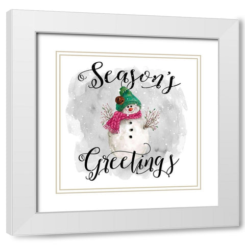 Snowman Seasons Greetings White Modern Wood Framed Art Print with Double Matting by Robinson, Carol