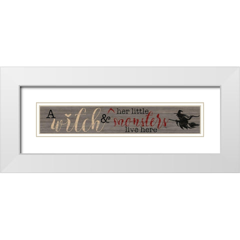 Witch and Her Little Monsters White Modern Wood Framed Art Print with Double Matting by CAD Designs