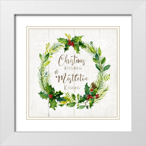 Christmas Wishes Wreath White Modern Wood Framed Art Print with Double Matting by Nan