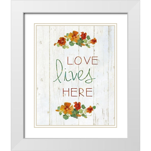 Love Lives Here White Modern Wood Framed Art Print with Double Matting by Swatland, Sally