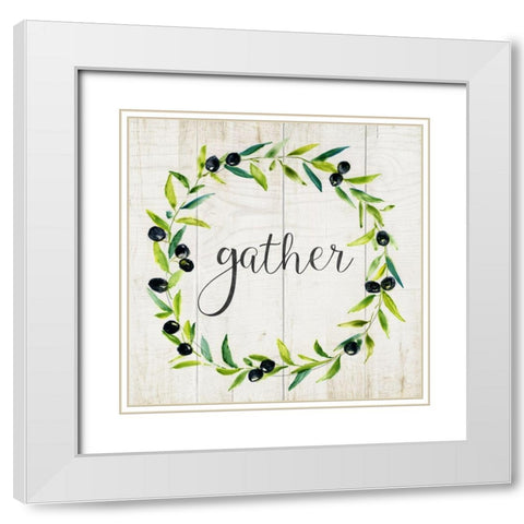 Gather Olive Wreath White Modern Wood Framed Art Print with Double Matting by Nan