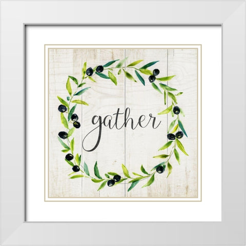 Gather Olive Wreath White Modern Wood Framed Art Print with Double Matting by Nan