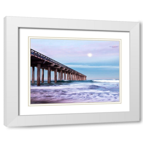 Moon Setting Over Scripps Pier White Modern Wood Framed Art Print with Double Matting by Collins, Ann