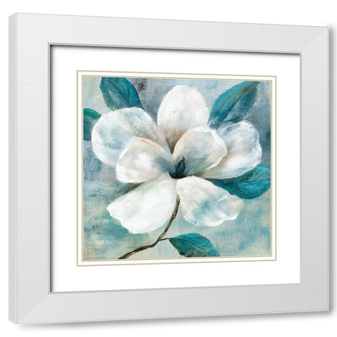 Teal Magnolia I White Modern Wood Framed Art Print with Double Matting by Nan