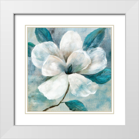 Teal Magnolia I White Modern Wood Framed Art Print with Double Matting by Nan