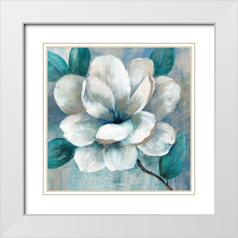 Teal Magnolia II White Modern Wood Framed Art Print with Double Matting by Nan