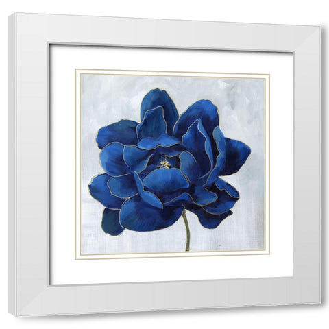 Indigo Peony White Modern Wood Framed Art Print with Double Matting by Nan