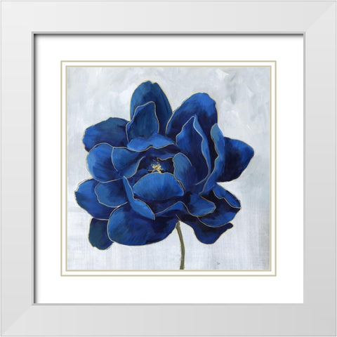 Indigo Peony White Modern Wood Framed Art Print with Double Matting by Nan