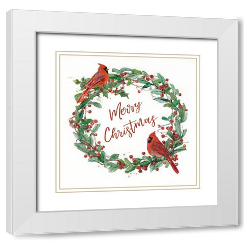 Christmas Cardinal Wreath White Modern Wood Framed Art Print with Double Matting by Swatland, Sally