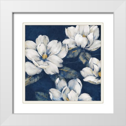 Magnolias Indigo White Modern Wood Framed Art Print with Double Matting by Nan