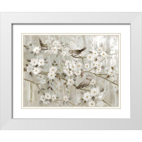 Neutral Spring Birds White Modern Wood Framed Art Print with Double Matting by Nan