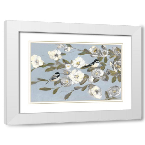 Chickadees and Blossoms I White Modern Wood Framed Art Print with Double Matting by Swatland, Sally