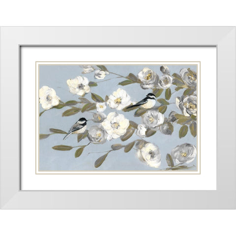 Chickadees and Blossoms I White Modern Wood Framed Art Print with Double Matting by Swatland, Sally