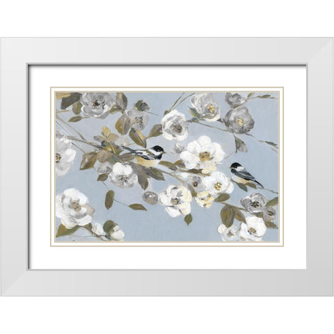 Chickadees and Blossoms II White Modern Wood Framed Art Print with Double Matting by Swatland, Sally