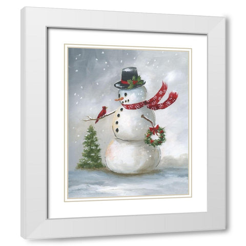 Snowman and Cardinal II White Modern Wood Framed Art Print with Double Matting by Nan