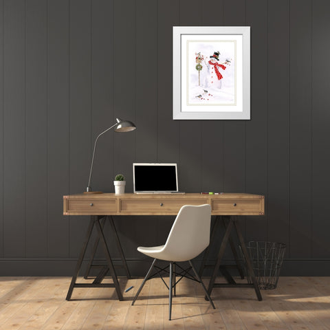 Snowman and Chickadee Friends I White Modern Wood Framed Art Print with Double Matting by Swatland, Sally