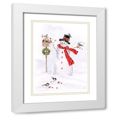 Snowman and Chickadee Friends I White Modern Wood Framed Art Print with Double Matting by Swatland, Sally