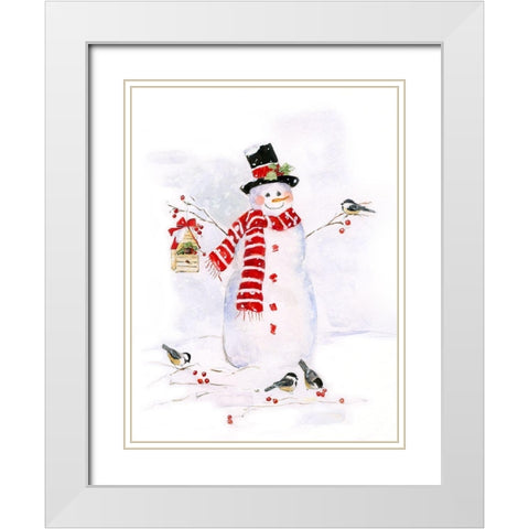 Snowman and Chickadee Friends II White Modern Wood Framed Art Print with Double Matting by Swatland, Sally