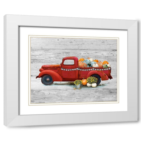 Harvest Red Truck White Modern Wood Framed Art Print with Double Matting by Nan