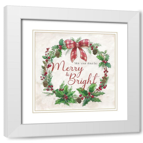 Merry And Bright Wreath White Modern Wood Framed Art Print with Double Matting by Nan
