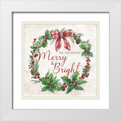 Merry And Bright Wreath White Modern Wood Framed Art Print with Double Matting by Nan