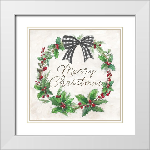 Berry Christmas Wreath White Modern Wood Framed Art Print with Double Matting by Nan