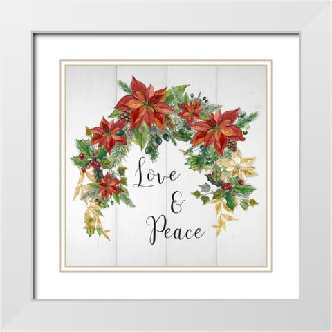 Holiday Poinsettia Love And Peace White Modern Wood Framed Art Print with Double Matting by Finn, Livi