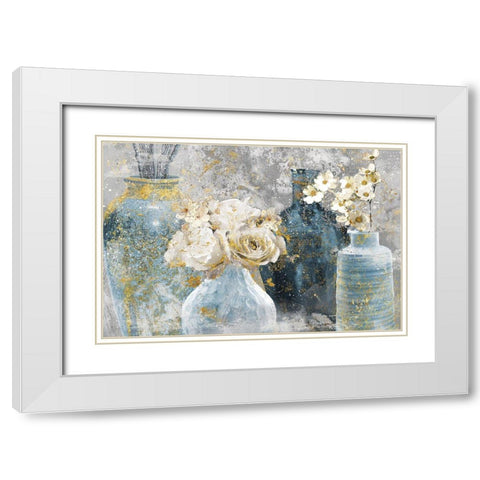 Vessels and Blooms Blues White Modern Wood Framed Art Print with Double Matting by Nan