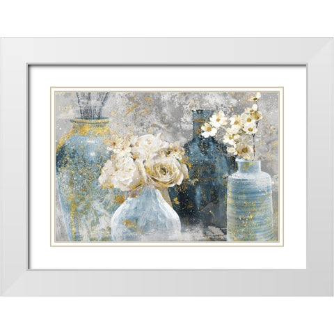 Vessels and Blooms Blues White Modern Wood Framed Art Print with Double Matting by Nan
