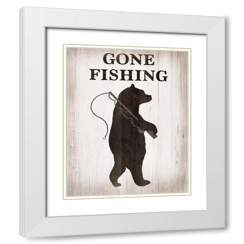 Bear Gone Fishing White Modern Wood Framed Art Print with Double Matting by CAD Designs