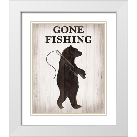 Bear Gone Fishing White Modern Wood Framed Art Print with Double Matting by CAD Designs