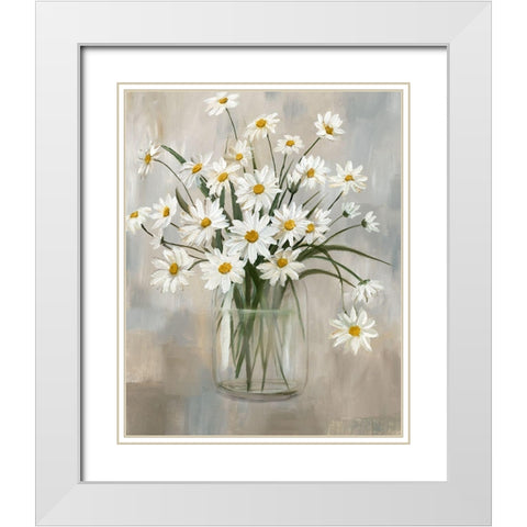 Daisy Cluster White Modern Wood Framed Art Print with Double Matting by Nan