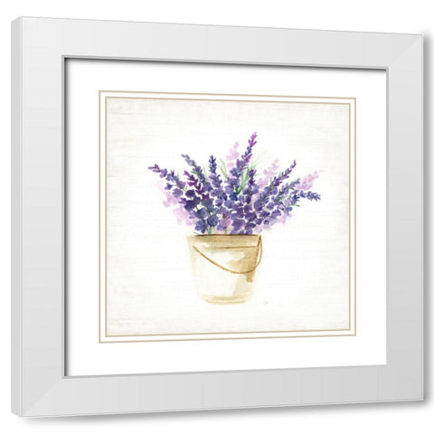 Bucket of Lavender I White Modern Wood Framed Art Print with Double Matting by Nan