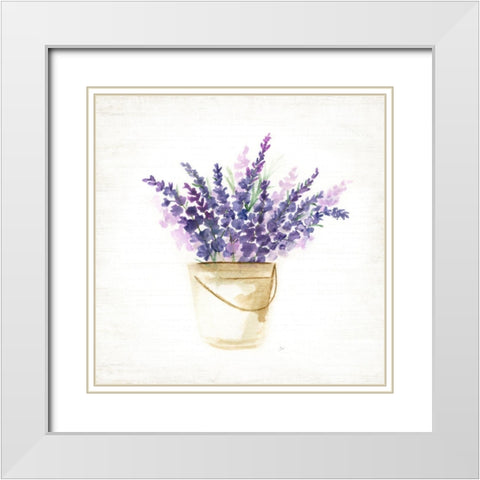 Bucket of Lavender I White Modern Wood Framed Art Print with Double Matting by Nan