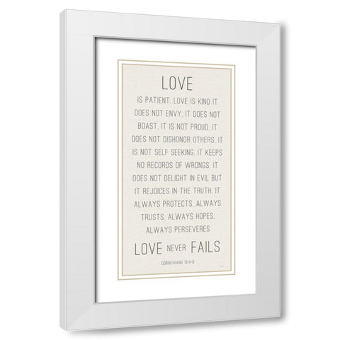 Love Never Fails White Modern Wood Framed Art Print with Double Matting by Carpentieri, Natalie