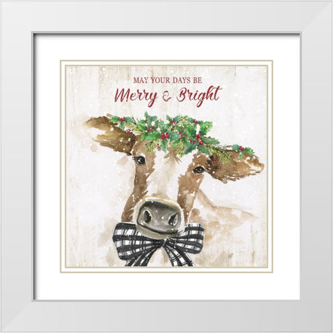 Merry and Bright Cow White Modern Wood Framed Art Print with Double Matting by Nan