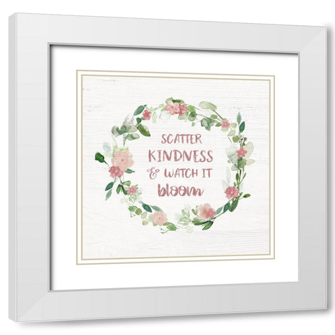 Blush Floral Kindness Wreath White Modern Wood Framed Art Print with Double Matting by Robinson, Carol
