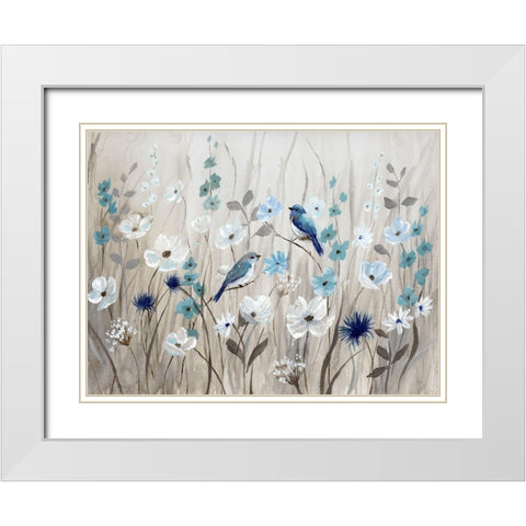 Bluebirds in Spring White Modern Wood Framed Art Print with Double Matting by Nan