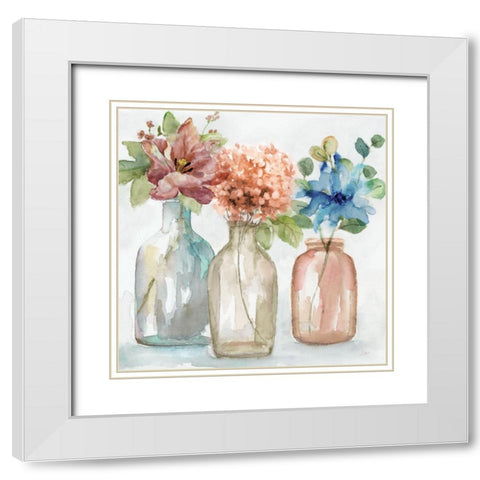 Pastel Country Flowers White Modern Wood Framed Art Print with Double Matting by Nan