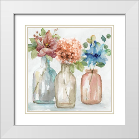 Pastel Country Flowers White Modern Wood Framed Art Print with Double Matting by Nan