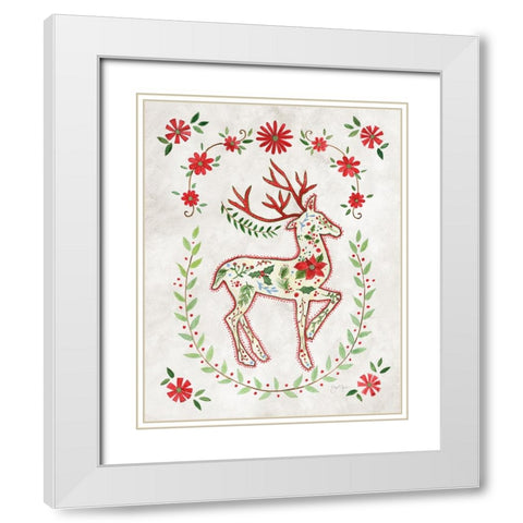 Christmas Folk Reindeer White Modern Wood Framed Art Print with Double Matting by Tava Studios