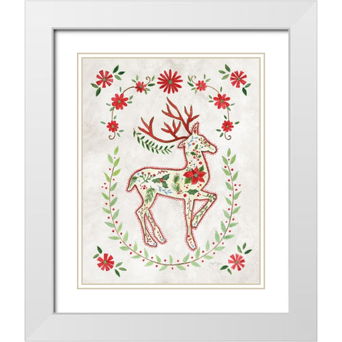 Christmas Folk Reindeer White Modern Wood Framed Art Print with Double Matting by Tava Studios
