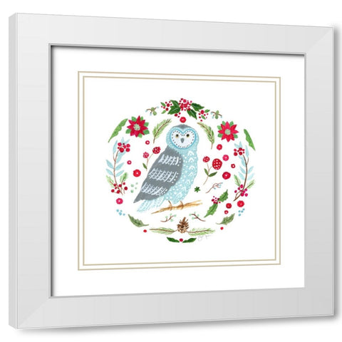 Christmas Folk Owl White Modern Wood Framed Art Print with Double Matting by Tava Studios