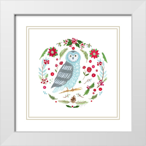 Christmas Folk Owl White Modern Wood Framed Art Print with Double Matting by Tava Studios