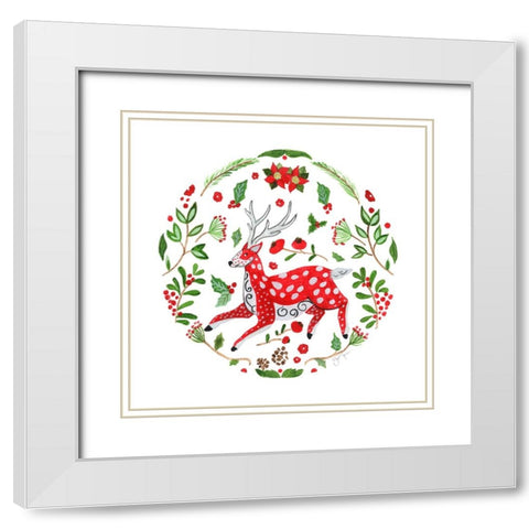 Christmas Folk Deer White Modern Wood Framed Art Print with Double Matting by Tava Studios