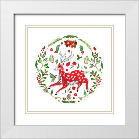 Christmas Folk Deer White Modern Wood Framed Art Print with Double Matting by Tava Studios