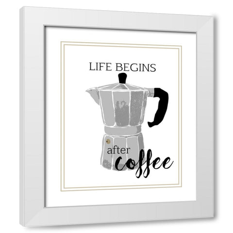 Begins After Coffee White Modern Wood Framed Art Print with Double Matting by Santiago, Daniela